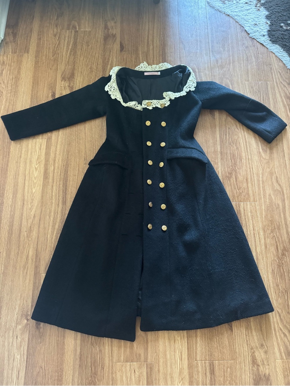 Black Double-Breasted Coat with Lace Collar